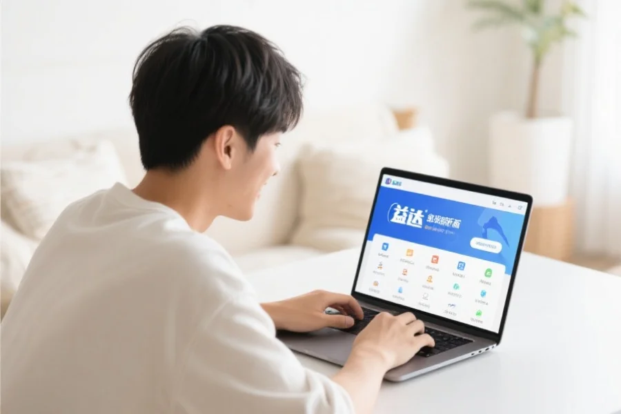 一位年轻用户在明亮舒适的室内环境中愉快地使用笔记本电脑，屏幕上展示杏盛客户端新版界面